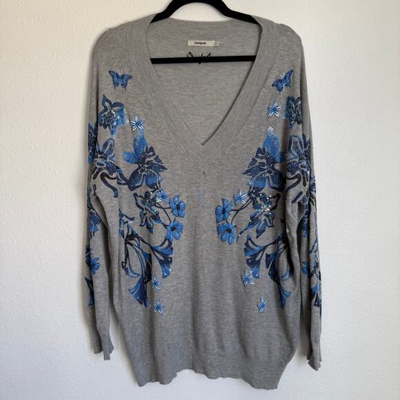 Desigual Louth Floral Butterfly Sequin Pullover Knit Sweater Lightweight Gray XL - Picture 3 of 10